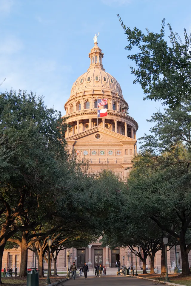 Texas State Capitol dome framed by trees in Austin.